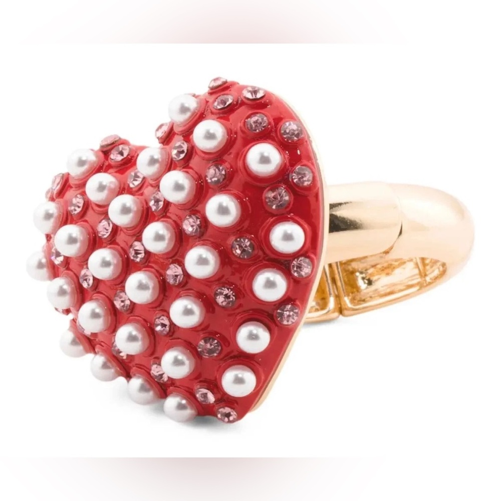 Lot of 2x NWT [Betsey Johnson] XOXO Pearl Heart Statement Earrings & Ring Set - Picture 6 of 15